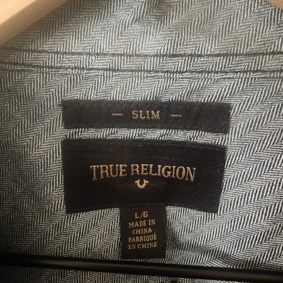 True Religion Slim Herringbone Button Down Long Sleeve Shirt Mens Large - Picture 6 of 10
